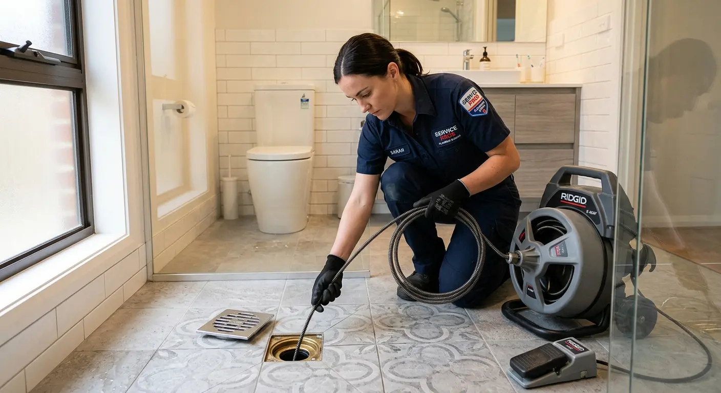 Technician clearing a bathroom floor drain for Drain Repair in Cloquet
